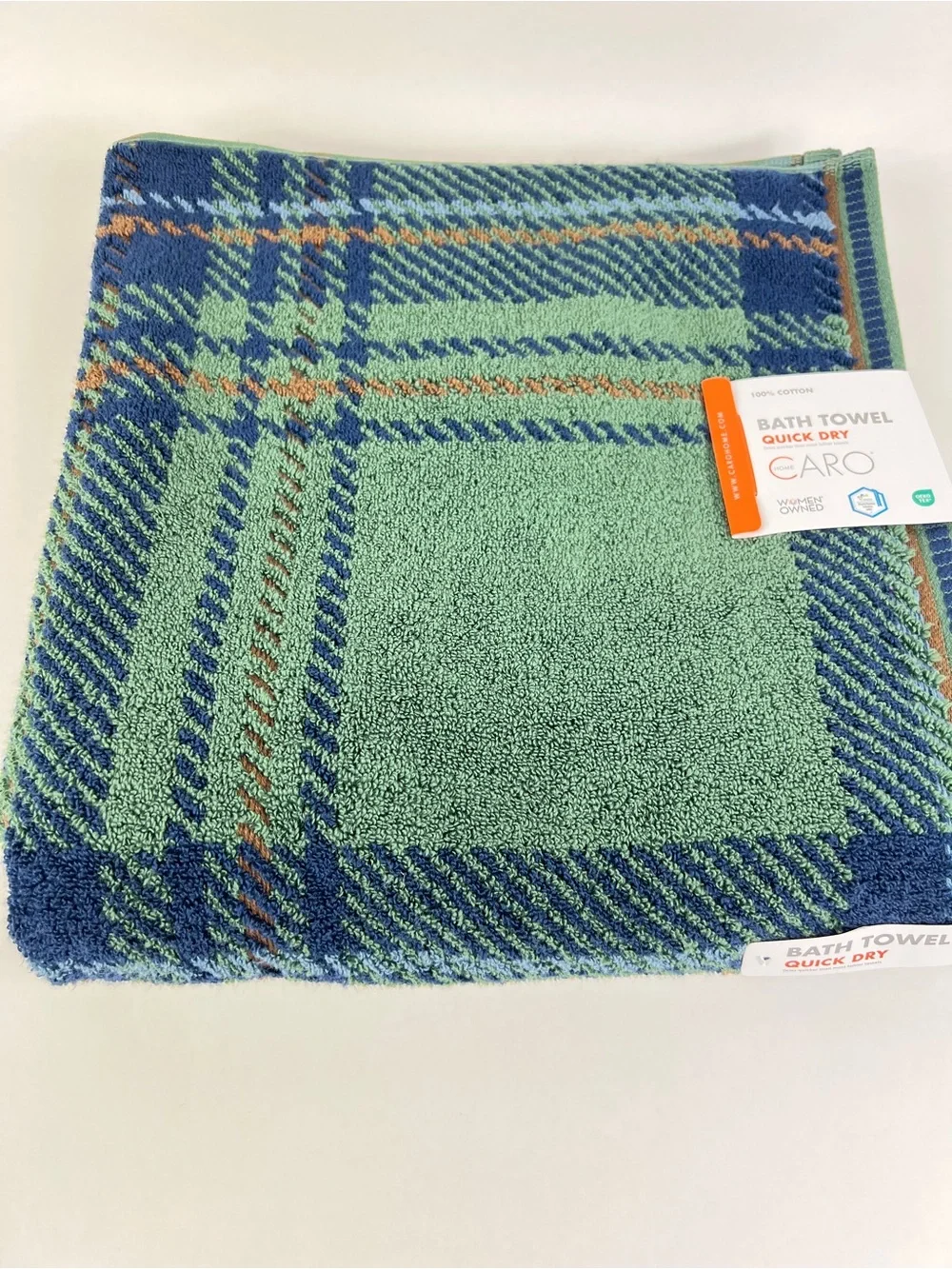 Caro Home Bath Towels Green Navy  Rust Plaid Quick Dry Soft Cotton 2 Pc NEW